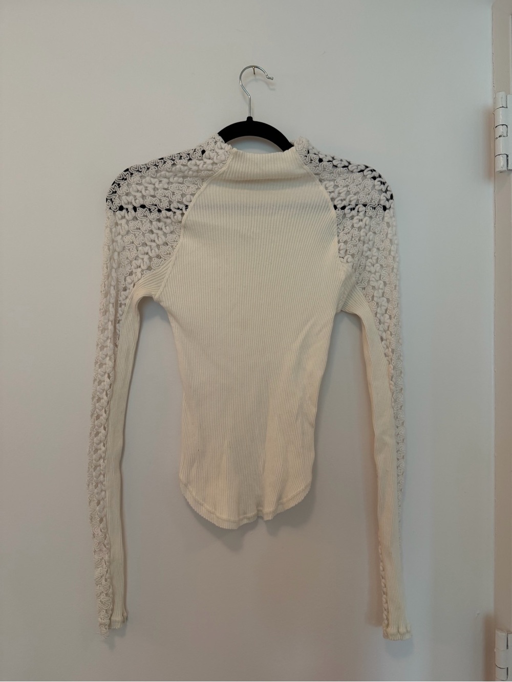 Free People Clemente mock neck top featuring delicate crochet lace sleeves